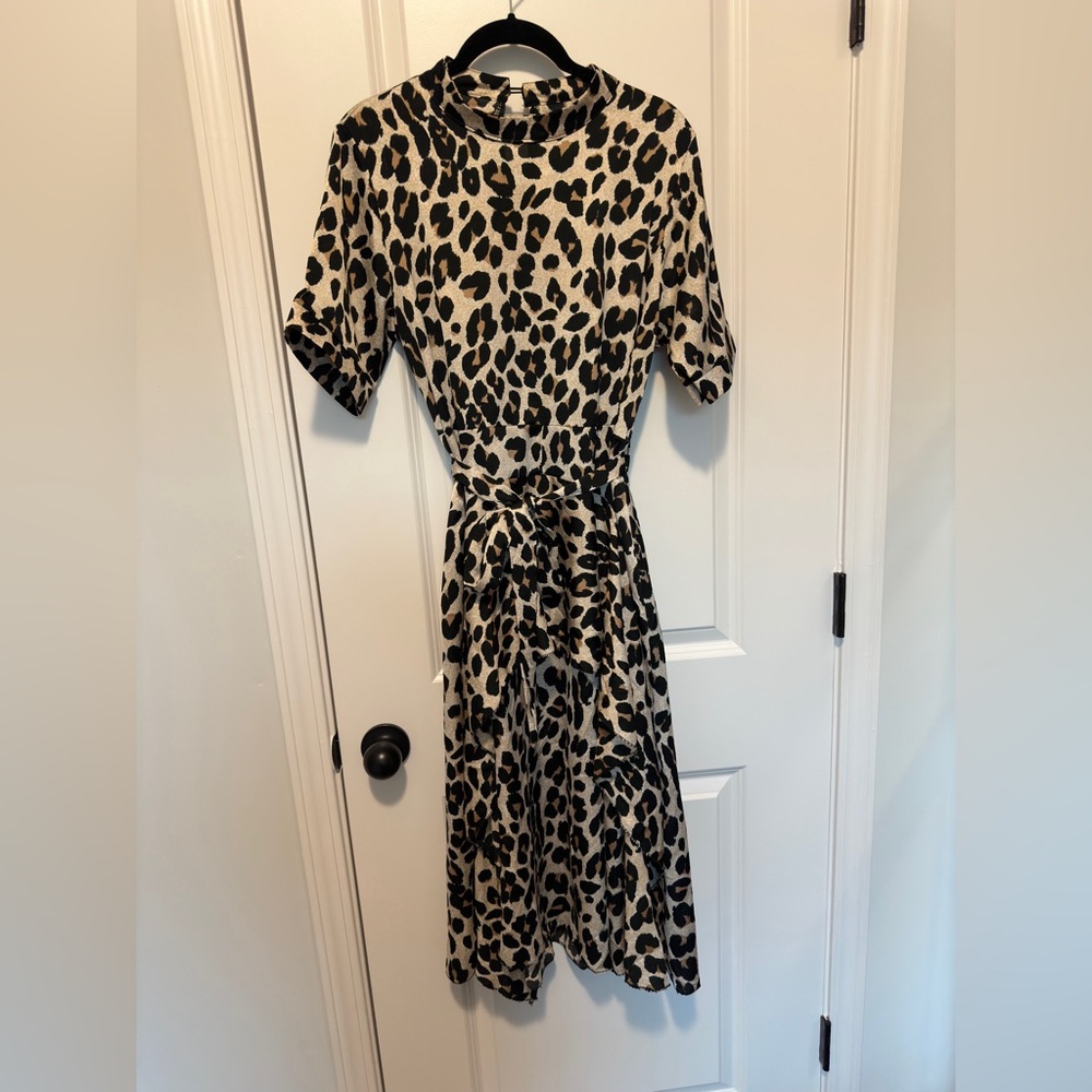 Belted Leopard Print Midi Dress